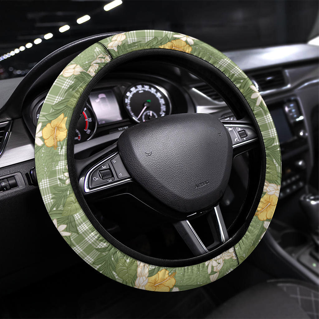 Aloha Puakenikeni Anthurium Pikake Lei Steering Wheel Cover Green Hawaiian Palaka Pattern