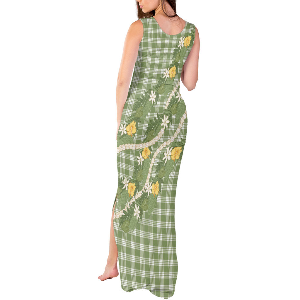 Aloha Puakenikeni Anthurium Pikake Lei Tank Maxi Dress Green Hawaiian Palaka Pattern