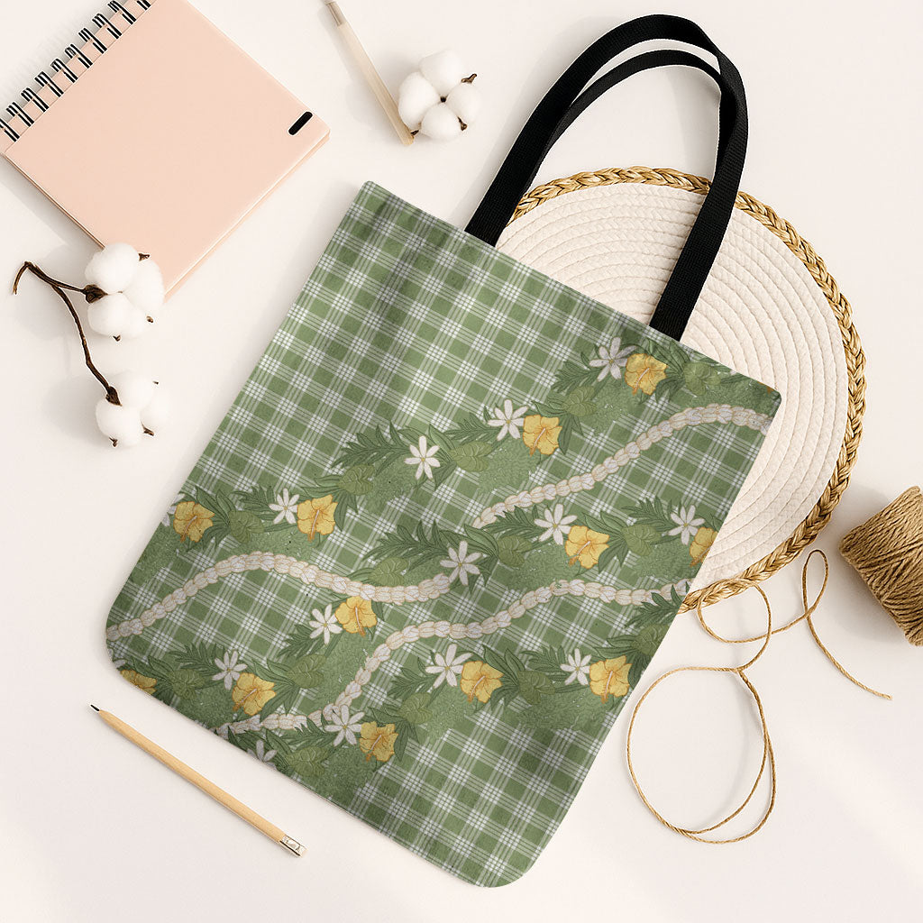Aloha Puakenikeni Anthurium Pikake Lei Tote Bag Green Hawaiian Palaka Pattern