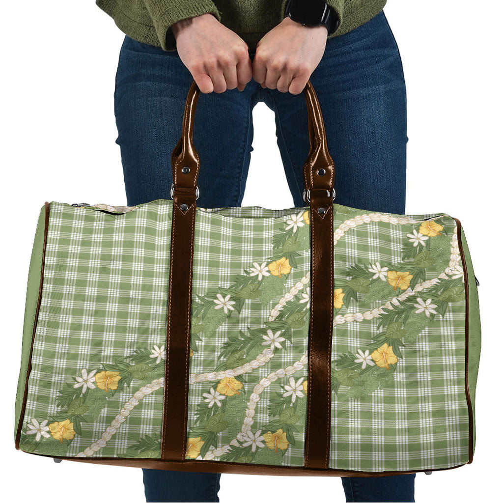 Aloha Puakenikeni Anthurium Pikake Lei Travel Bag Green Hawaiian Palaka Pattern