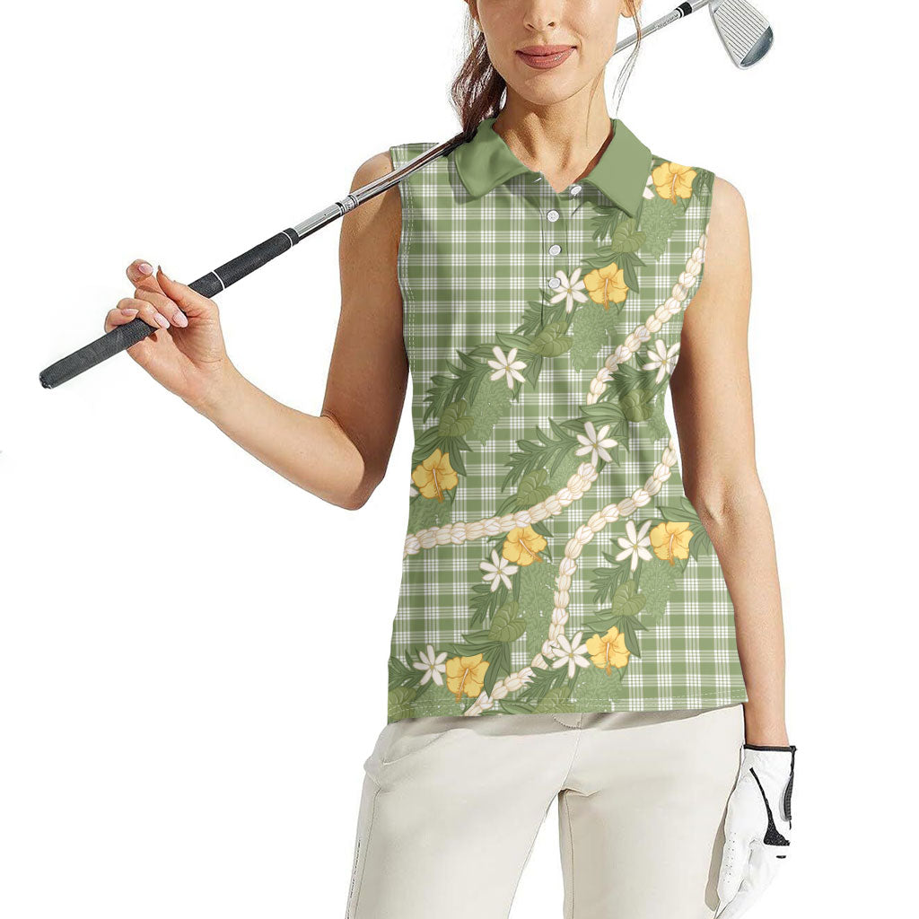 Aloha Puakenikeni Anthurium Pikake Lei Women Sleeveless Polo Shirt Green Hawaiian Palaka Pattern