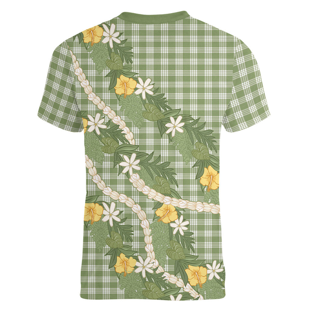 Aloha Puakenikeni Anthurium Pikake Lei Women V-Neck T-Shirt Green Hawaiian Palaka Pattern