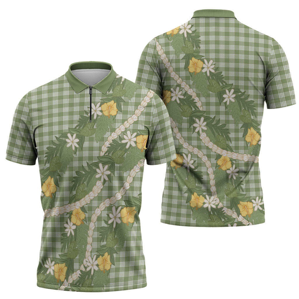 Aloha Puakenikeni Anthurium Pikake Lei Zipper Polo Shirt Green Hawaiian Palaka Pattern