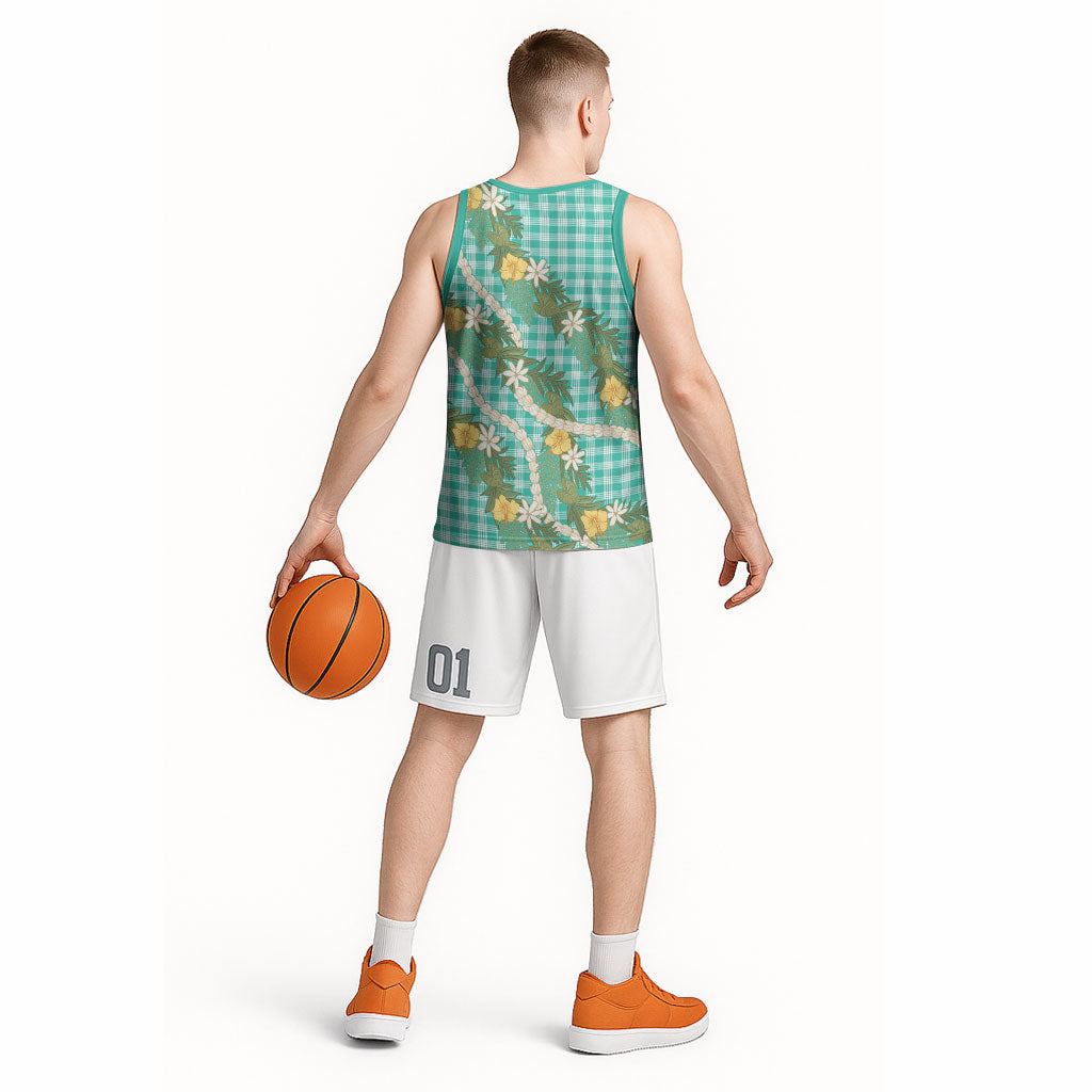 Aloha Puakenikeni Anthurium Pikake Lei Basketball Jersey Marine Hawaiian Palaka Pattern
