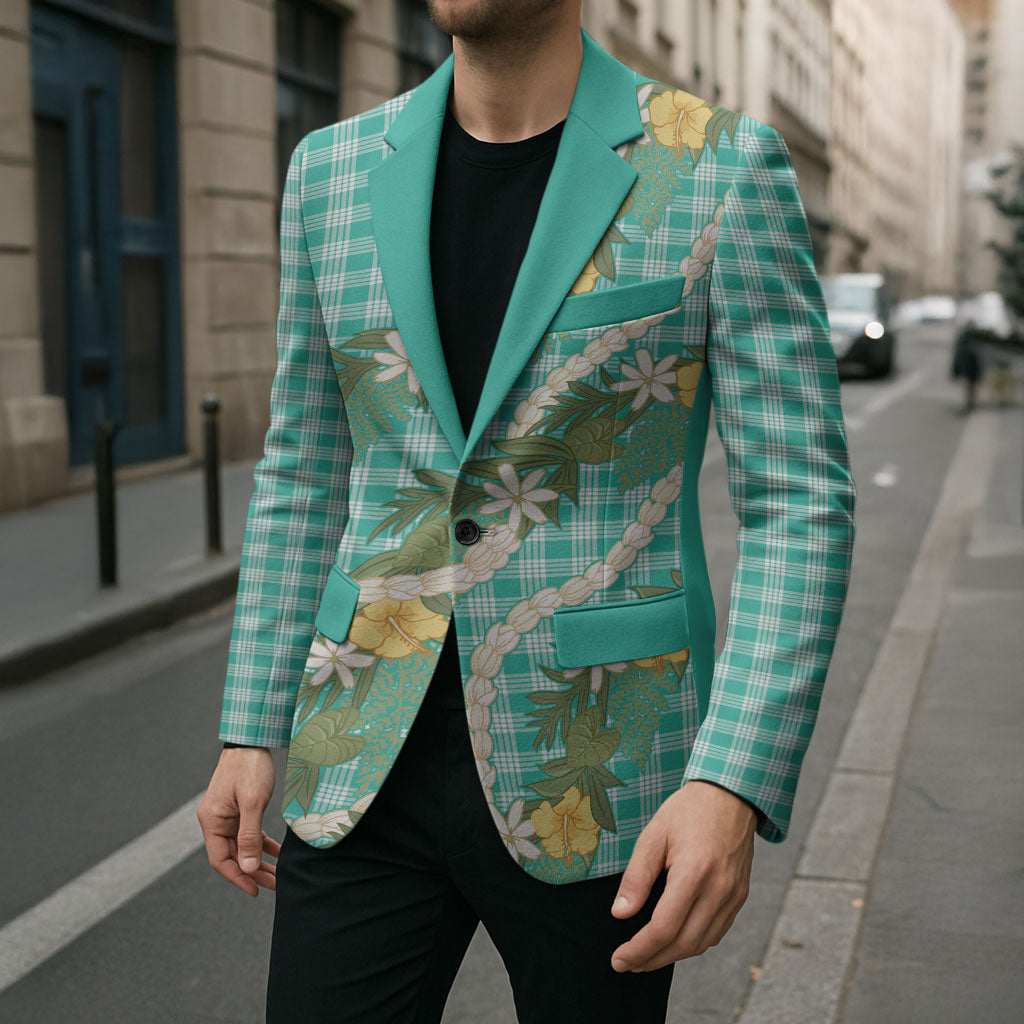 Aloha Puakenikeni Anthurium Pikake Lei Blazer Marine Hawaiian Palaka Pattern