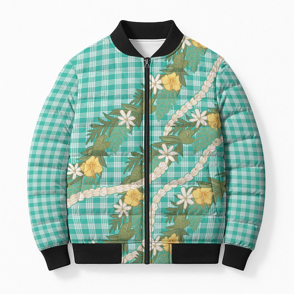Aloha Puakenikeni Anthurium Pikake Lei Bomber Puffer Jacket Marine Hawaiian Palaka Pattern