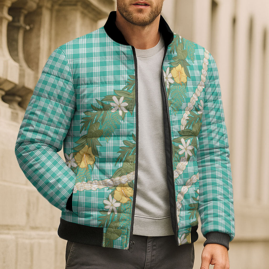 Aloha Puakenikeni Anthurium Pikake Lei Bomber Puffer Jacket Marine Hawaiian Palaka Pattern