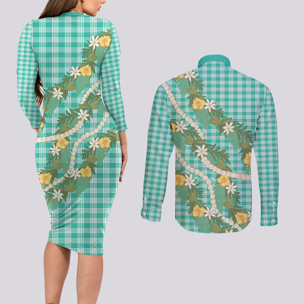Aloha Puakenikeni Anthurium Pikake Lei Couples Matching Long Sleeve Bodycon Dress and Long Sleeve Button Shirt Marine Hawaiian Palaka Pattern