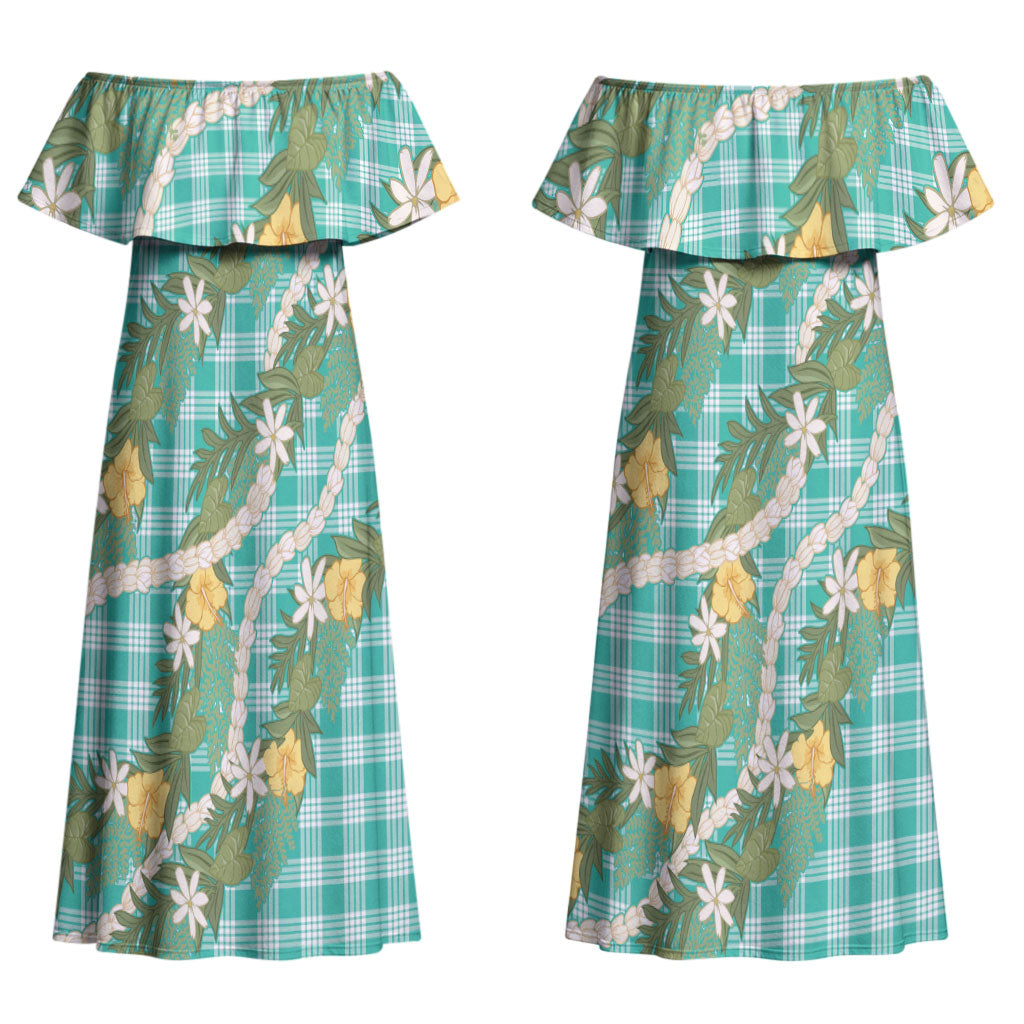 Aloha Puakenikeni Anthurium Pikake Lei Couples Matching Off Shoulder Maxi Dress and Hawaiian Shirt Marine Hawaiian Palaka Pattern LT9 - Polynesian Pride