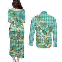 Aloha Puakenikeni Anthurium Pikake Lei Couples Matching Puletasi and Long Sleeve Button Shirt Marine Hawaiian Palaka Pattern