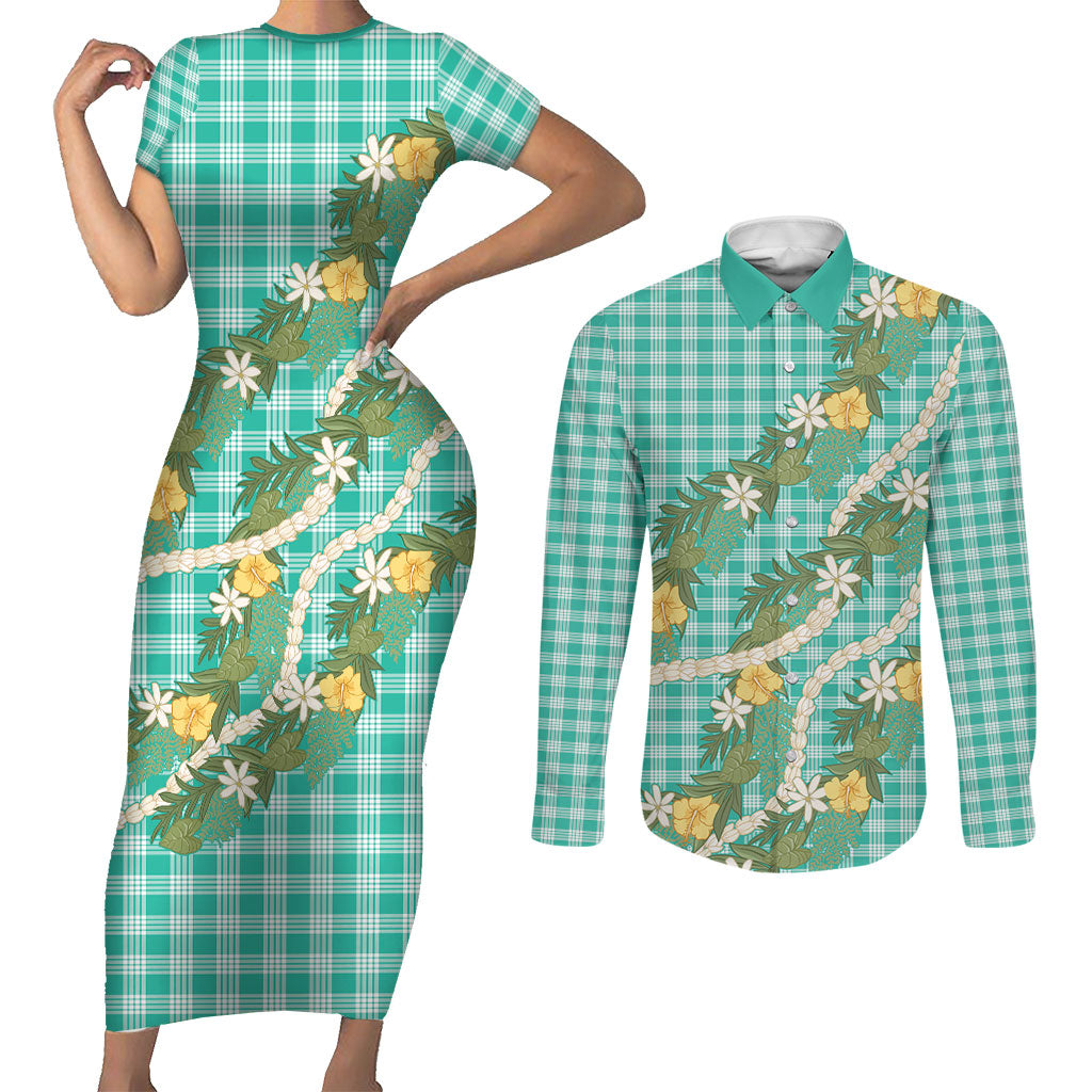 Aloha Puakenikeni Anthurium Pikake Lei Couples Matching Short Sleeve Bodycon Dress and Long Sleeve Button Shirt Marine Hawaiian Palaka Pattern