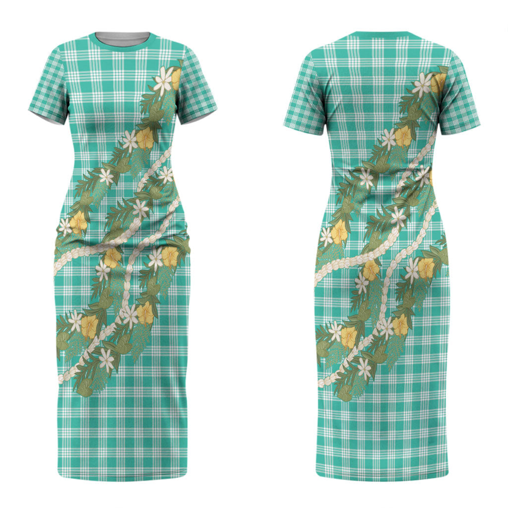 Aloha Puakenikeni Anthurium Pikake Lei Couples Matching Short Sleeve Bodycon Dress and Long Sleeve Button Shirt Marine Hawaiian Palaka Pattern LT9 - Polynesian Pride