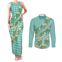Aloha Puakenikeni Anthurium Pikake Lei Couples Matching Tank Maxi Dress and Long Sleeve Button Shirt Marine Hawaiian Palaka Pattern