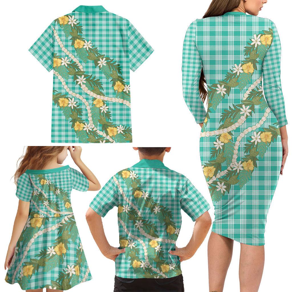 Aloha Puakenikeni Anthurium Pikake Lei Family Matching Long Sleeve Bodycon Dress and Hawaiian Shirt Marine Hawaiian Palaka Pattern LT9 - Polynesian Pride