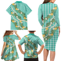 Aloha Puakenikeni Anthurium Pikake Lei Family Matching Long Sleeve Bodycon Dress and Hawaiian Shirt Marine Hawaiian Palaka Pattern LT9 - Polynesian Pride