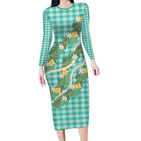 Aloha Puakenikeni Anthurium Pikake Lei Family Matching Long Sleeve Bodycon Dress and Hawaiian Shirt Marine Hawaiian Palaka Pattern LT9 Mom's Dress Marine - Polynesian Pride