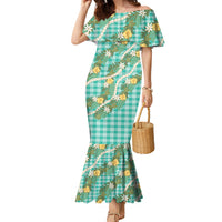 Aloha Puakenikeni Anthurium Pikake Lei Family Matching Mermaid Dress and Hawaiian Shirt Marine Hawaiian Palaka Pattern LT9 Mom's Dress Marine - Polynesian Pride