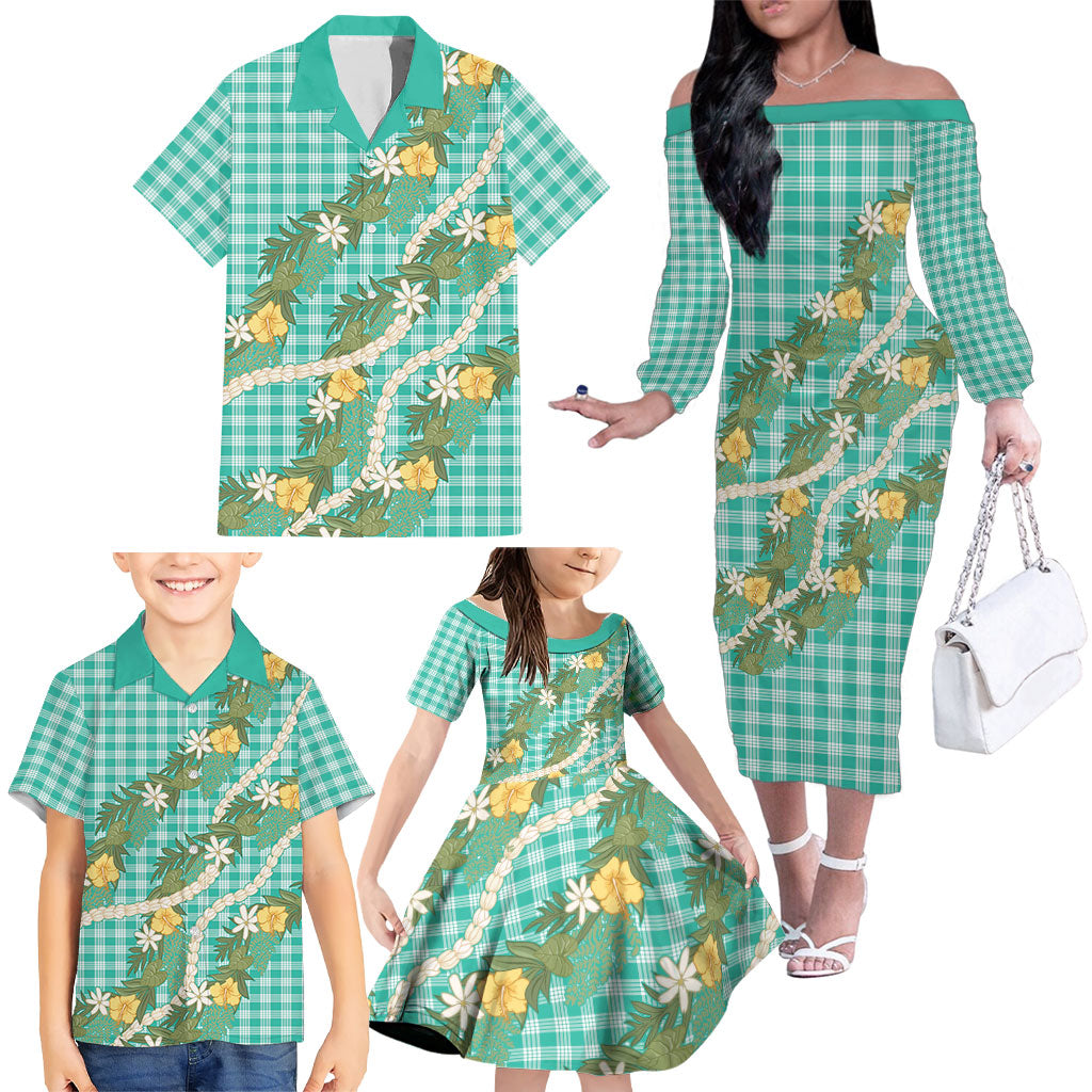 Aloha Puakenikeni Anthurium Pikake Lei Family Matching Off The Shoulder Long Sleeve Dress and Hawaiian Shirt Marine Hawaiian Palaka Pattern LT9 - Polynesian Pride