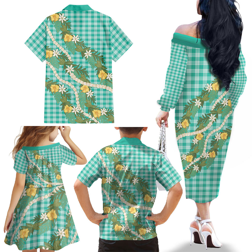 Aloha Puakenikeni Anthurium Pikake Lei Family Matching Off The Shoulder Long Sleeve Dress and Hawaiian Shirt Marine Hawaiian Palaka Pattern LT9 - Polynesian Pride