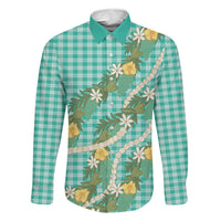 Aloha Puakenikeni Anthurium Pikake Lei Family Matching Off The Shoulder Long Sleeve Dress and Hawaiian Shirt Marine Hawaiian Palaka Pattern LT9 Dad's Shirt - Long Sleeve Marine - Polynesian Pride