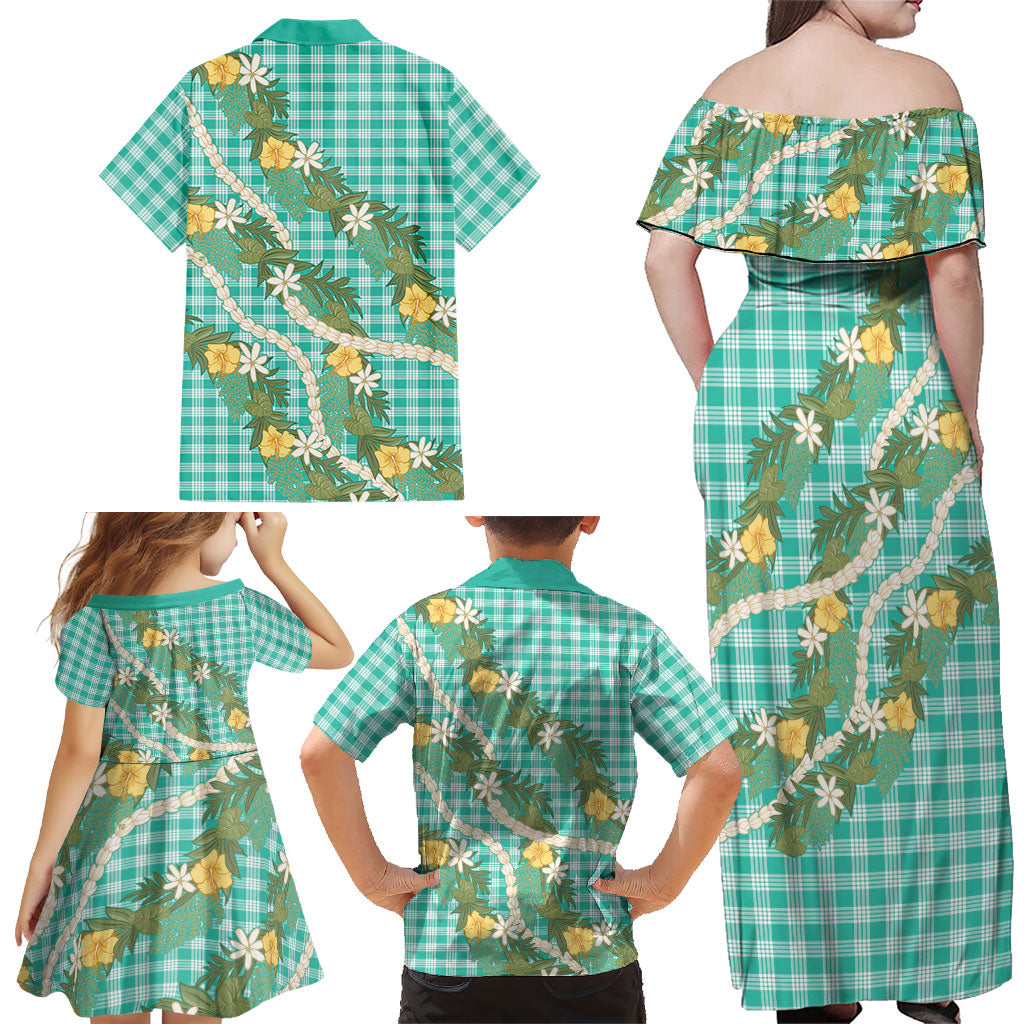 Aloha Puakenikeni Anthurium Pikake Lei Family Matching Off Shoulder Maxi Dress and Hawaiian Shirt Marine Hawaiian Palaka Pattern LT9 - Polynesian Pride