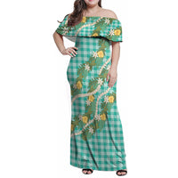 Aloha Puakenikeni Anthurium Pikake Lei Family Matching Off Shoulder Maxi Dress and Hawaiian Shirt Marine Hawaiian Palaka Pattern LT9 Mom's Dress Marine - Polynesian Pride