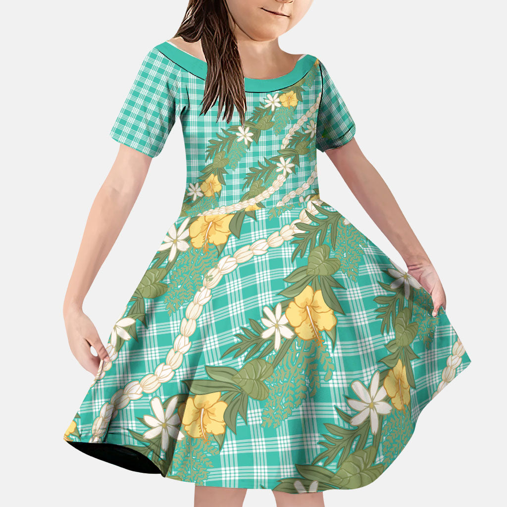 Aloha Puakenikeni Anthurium Pikake Lei Family Matching Off Shoulder Short Dress and Hawaiian Shirt Marine Hawaiian Palaka Pattern LT9 Daughter's Dress Marine - Polynesian Pride