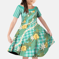 Aloha Puakenikeni Anthurium Pikake Lei Family Matching Off Shoulder Short Dress and Hawaiian Shirt Marine Hawaiian Palaka Pattern LT9 Daughter's Dress Marine - Polynesian Pride