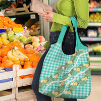 Aloha Puakenikeni Anthurium Pikake Lei Grocery Bag Marine Hawaiian Palaka Pattern