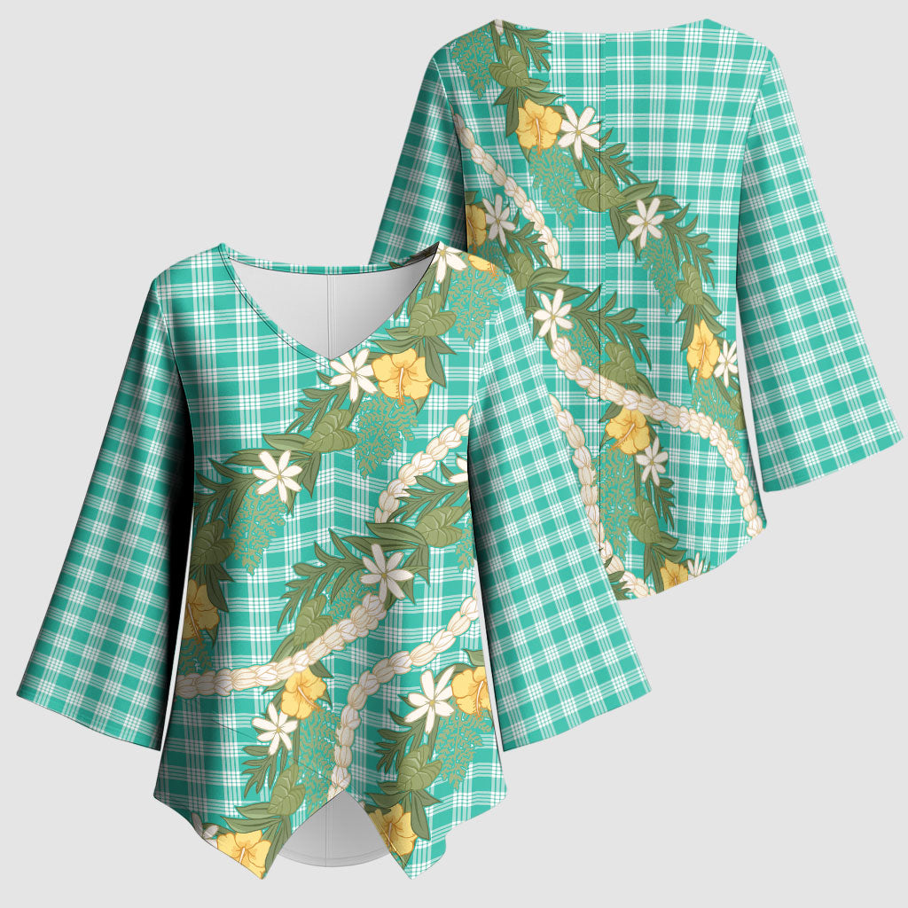 Aloha Puakenikeni Anthurium Pikake Lei Kimono Sleeve Blouse Marine Hawaiian Palaka Pattern
