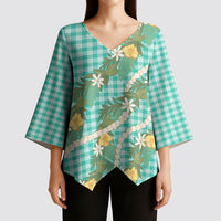Aloha Puakenikeni Anthurium Pikake Lei Kimono Sleeve Blouse Marine Hawaiian Palaka Pattern