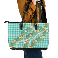 Aloha Puakenikeni Anthurium Pikake Lei Leather Tote Bag Marine Hawaiian Palaka Pattern LT9 - Polynesian Pride