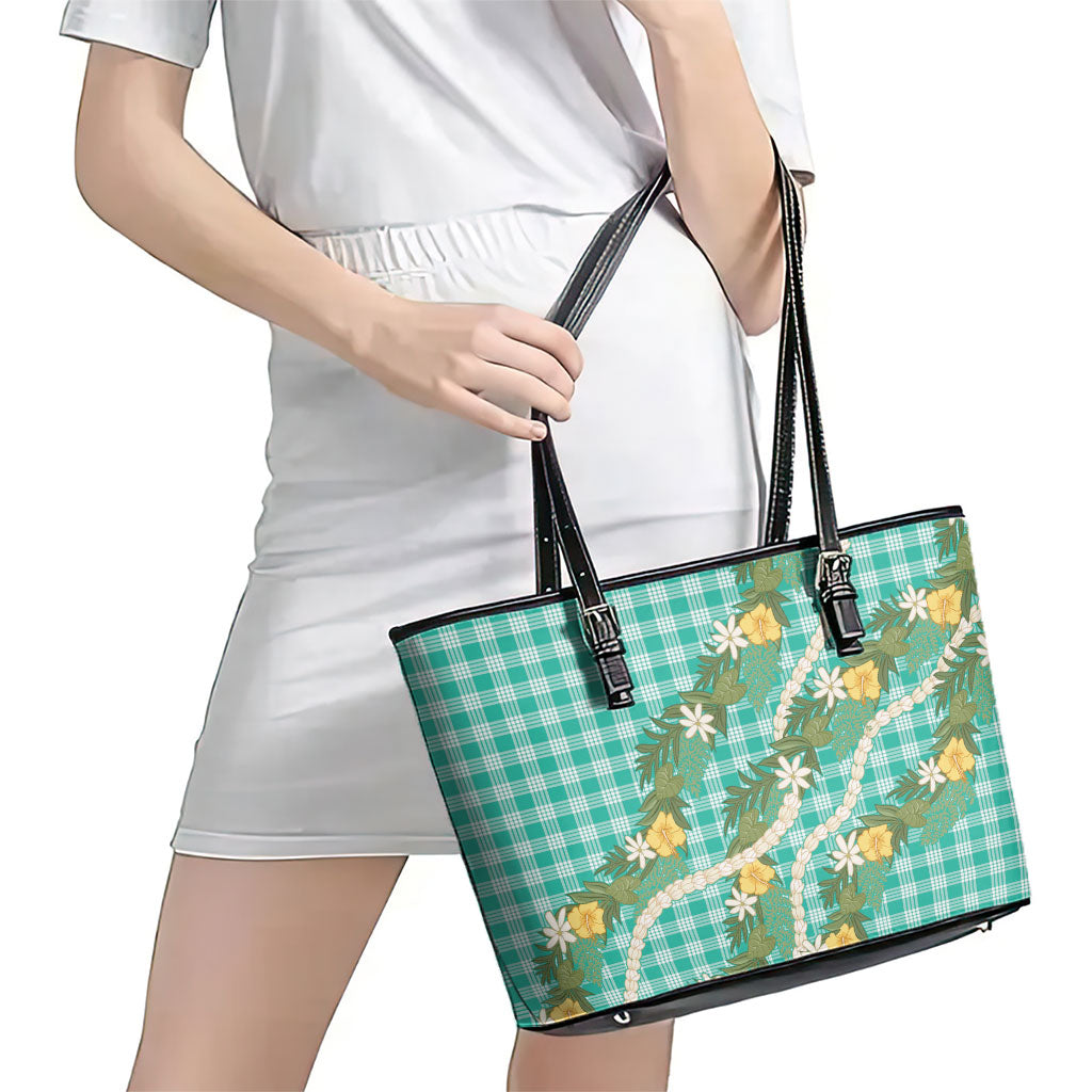 Aloha Puakenikeni Anthurium Pikake Lei Leather Tote Bag Marine Hawaiian Palaka Pattern LT9 - Polynesian Pride