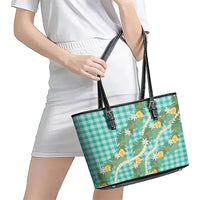 Aloha Puakenikeni Anthurium Pikake Lei Leather Tote Bag Marine Hawaiian Palaka Pattern LT9 - Polynesian Pride