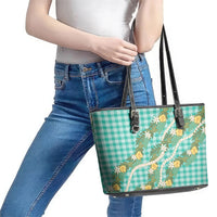 Aloha Puakenikeni Anthurium Pikake Lei Leather Tote Bag Marine Hawaiian Palaka Pattern LT9 - Polynesian Pride