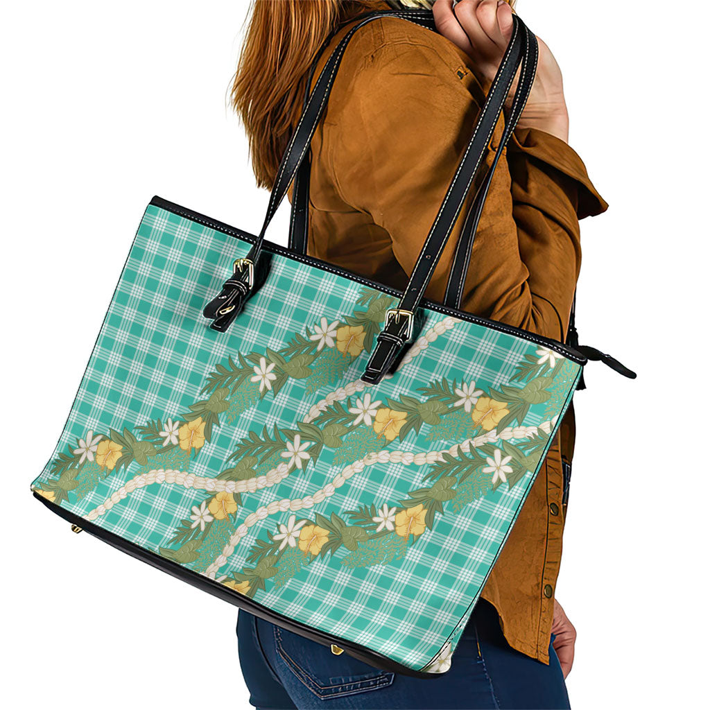 Aloha Puakenikeni Anthurium Pikake Lei Leather Tote Bag Marine Hawaiian Palaka Pattern LT9 - Polynesian Pride