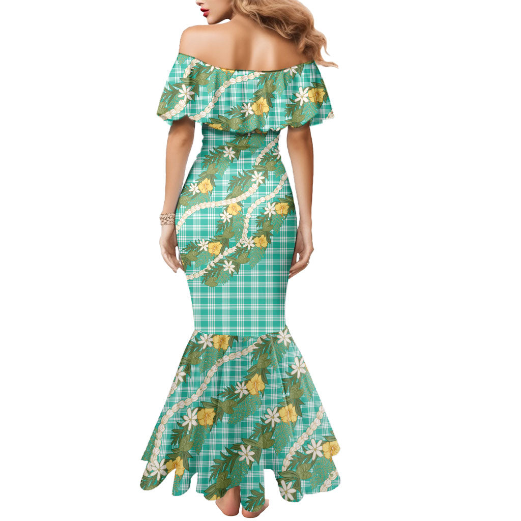 Aloha Puakenikeni Anthurium Pikake Lei Mermaid Dress Marine Hawaiian Palaka Pattern