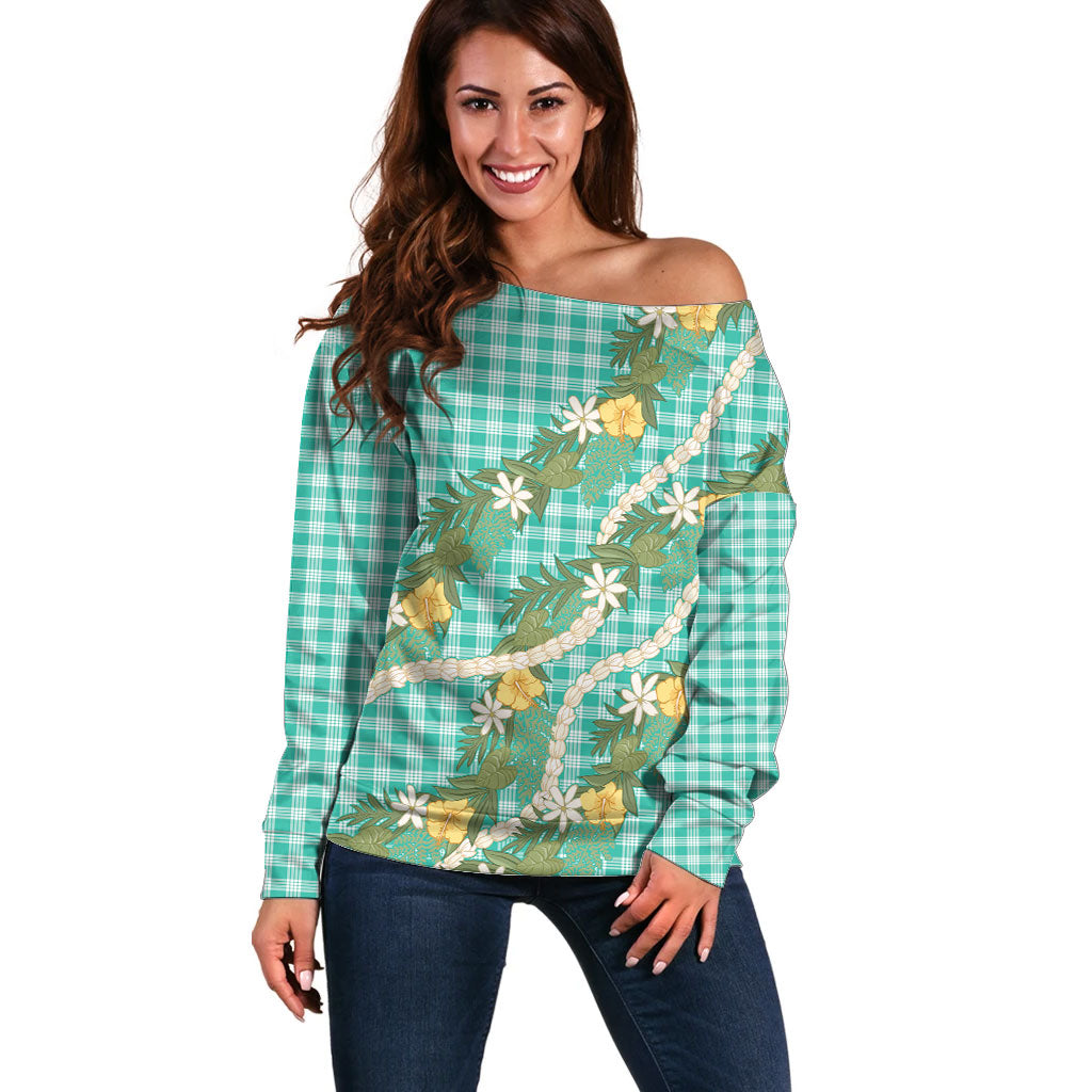 Aloha Puakenikeni Anthurium Pikake Lei Off Shoulder Sweater Marine Hawaiian Palaka Pattern