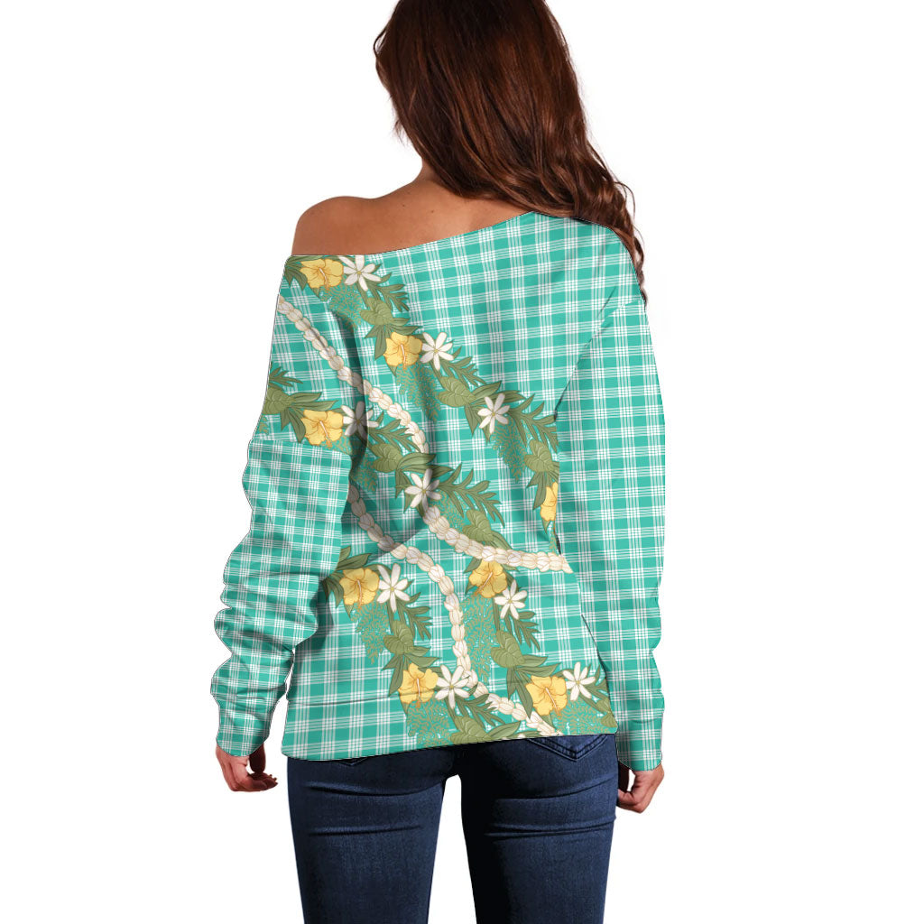 Aloha Puakenikeni Anthurium Pikake Lei Off Shoulder Sweater Marine Hawaiian Palaka Pattern
