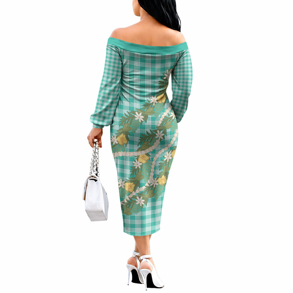 Aloha Puakenikeni Anthurium Pikake Lei Off The Shoulder Long Sleeve Dress Marine Hawaiian Palaka Pattern LT9 - Polynesian Pride