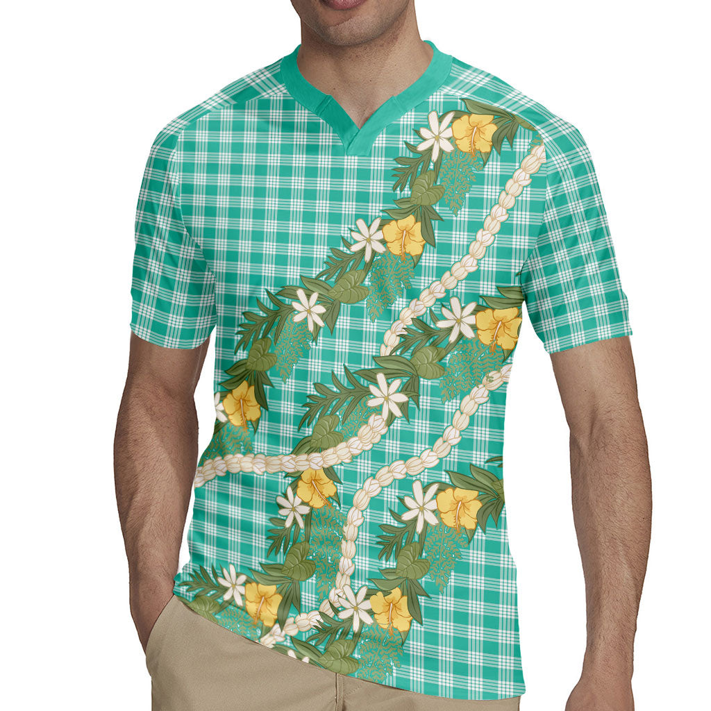 Aloha Puakenikeni Anthurium Pikake Lei Rugby Jersey Marine Hawaiian Palaka Pattern