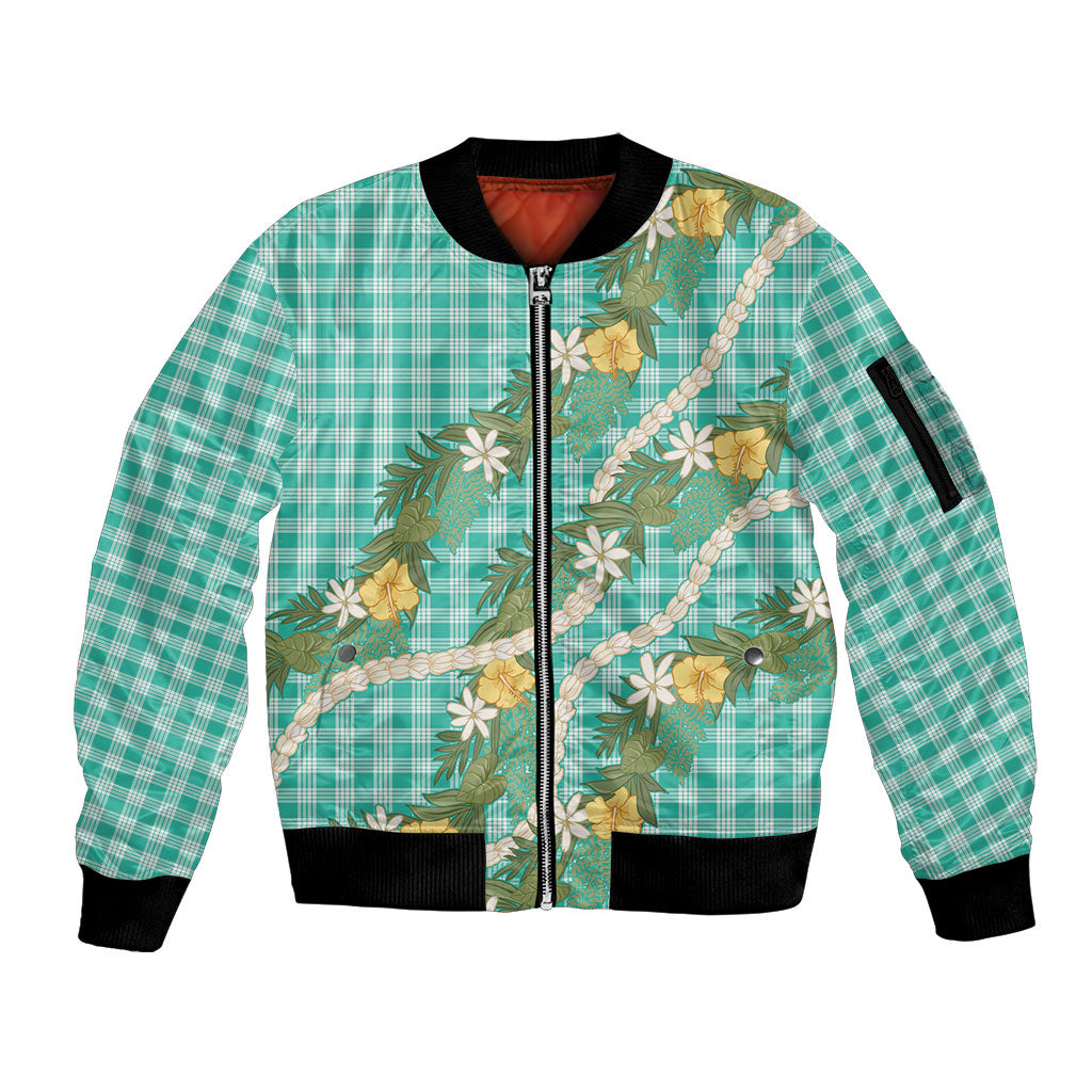 Aloha Puakenikeni Anthurium Pikake Lei Sleeve Zip Bomber Jacket Marine Hawaiian Palaka Pattern