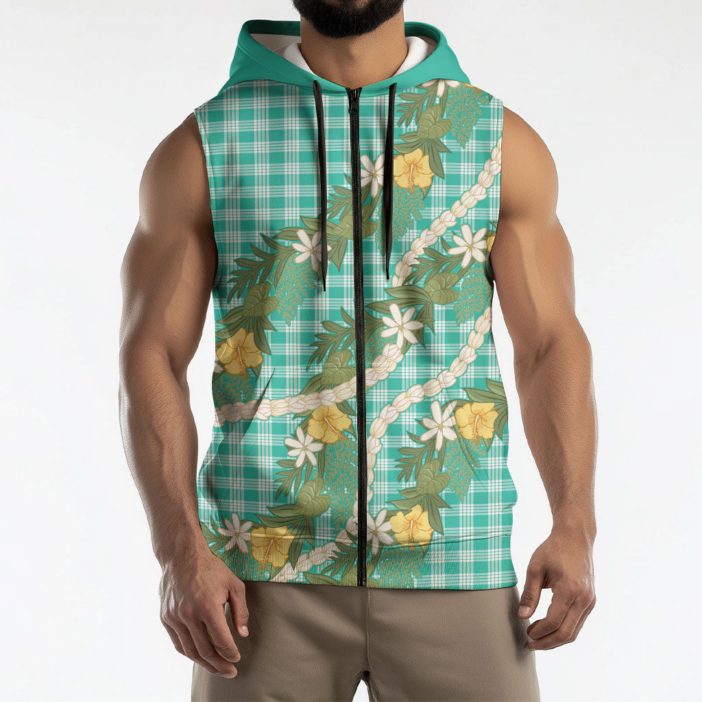 Aloha Puakenikeni Anthurium Pikake Lei Sleeveless Zip Hoodie Marine Hawaiian Palaka Pattern