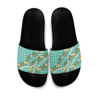 Aloha Puakenikeni Anthurium Pikake Lei Slide Sandals Marine Hawaiian Palaka Pattern