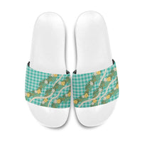 Aloha Puakenikeni Anthurium Pikake Lei Slide Sandals Marine Hawaiian Palaka Pattern