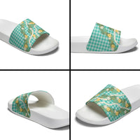 Aloha Puakenikeni Anthurium Pikake Lei Slide Sandals Marine Hawaiian Palaka Pattern