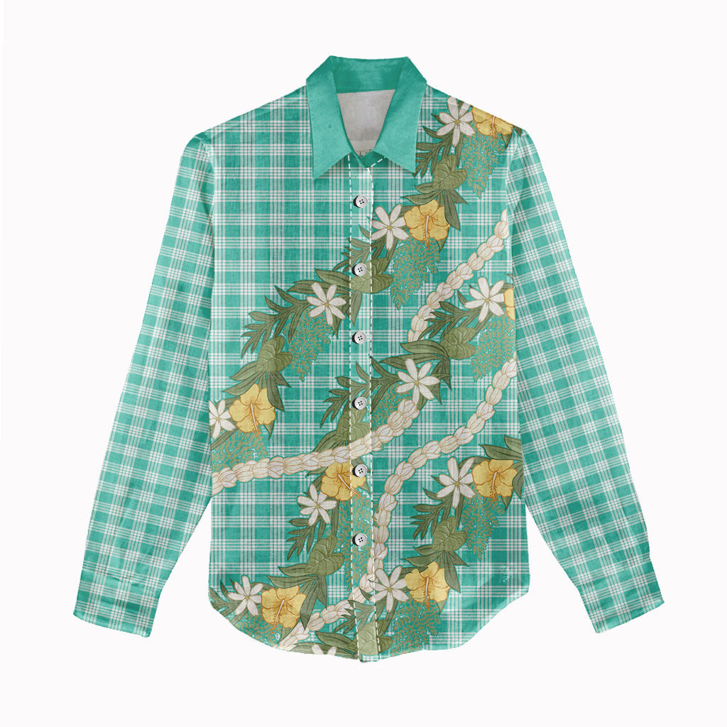 Aloha Puakenikeni Anthurium Pikake Lei Women Casual Shirt Marine Hawaiian Palaka Pattern