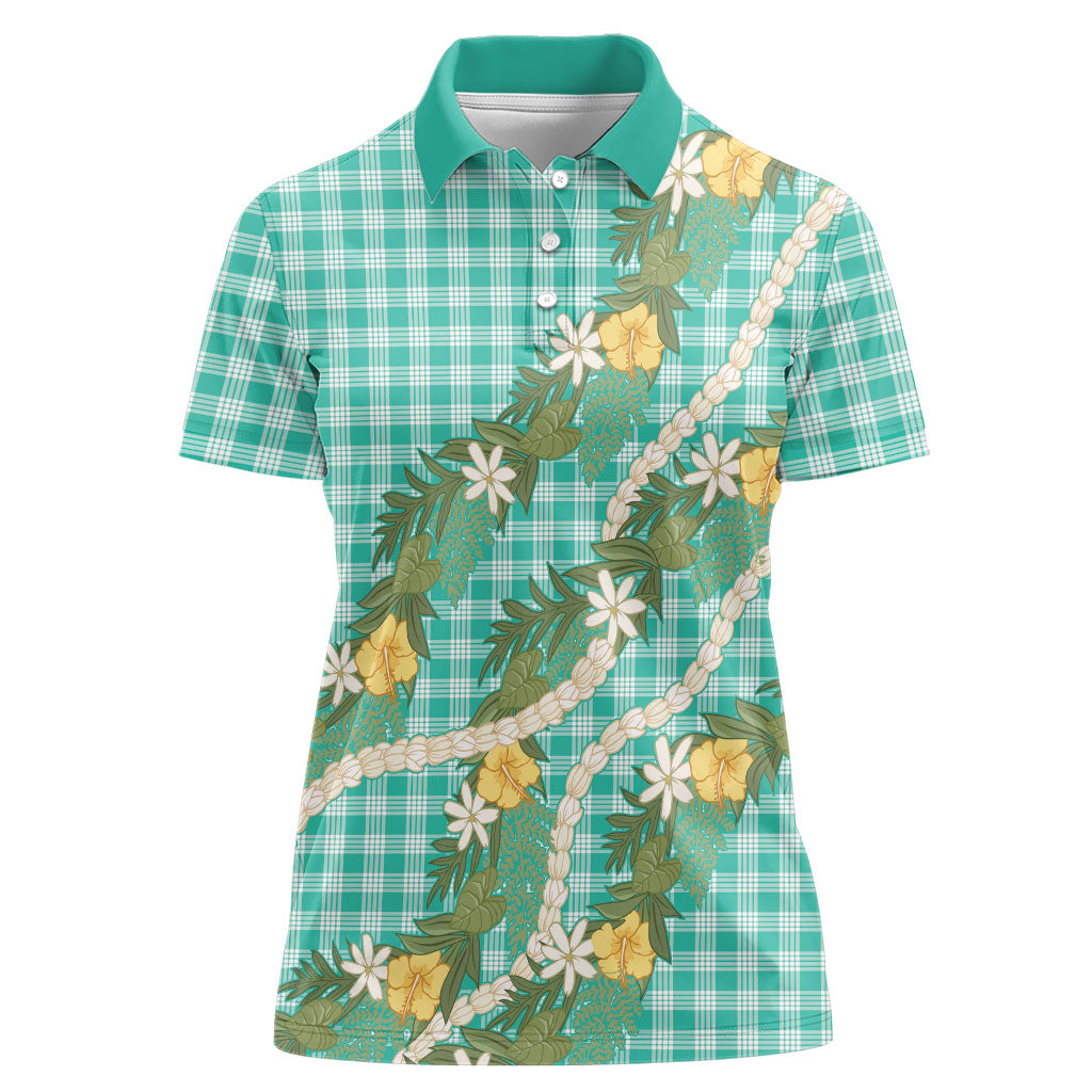 Aloha Puakenikeni Anthurium Pikake Lei Women Polo Shirt Marine Hawaiian Palaka Pattern LT9 Female Marine - Polynesian Pride