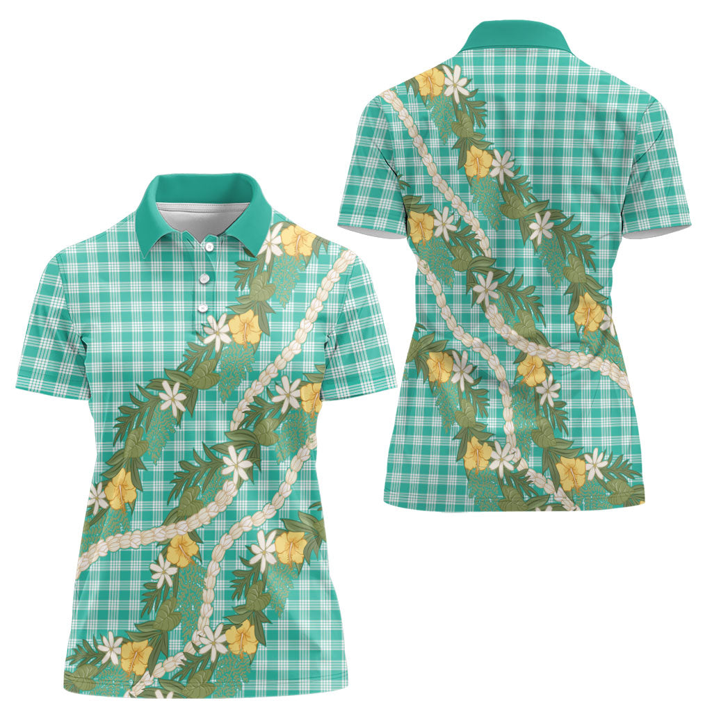 Aloha Puakenikeni Anthurium Pikake Lei Women Polo Shirt Marine Hawaiian Palaka Pattern LT9 - Polynesian Pride