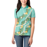 Aloha Puakenikeni Anthurium Pikake Lei Women Polo Shirt Marine Hawaiian Palaka Pattern LT9 - Polynesian Pride
